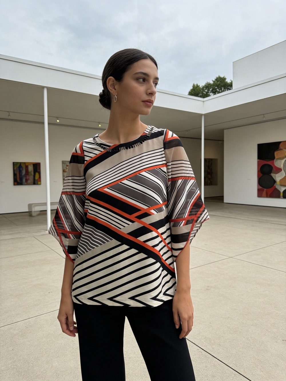 Alfani red stripe metal jewel trim blouse sheer bell sleeves size large spandex